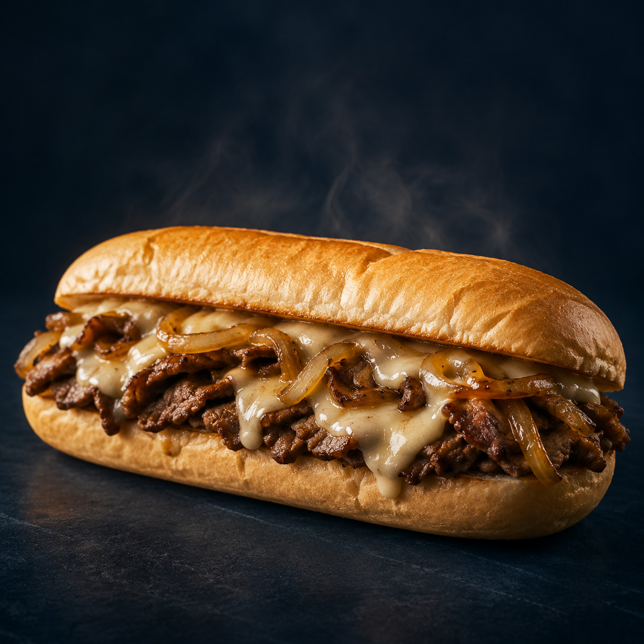 Philly-style cheesesteak with beef, melted cheese, and grilled onions