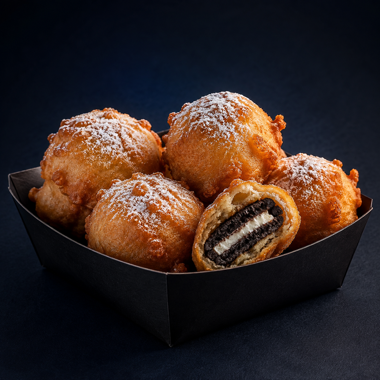 Golden fried sandwich cookies dusted with powdered sugar
