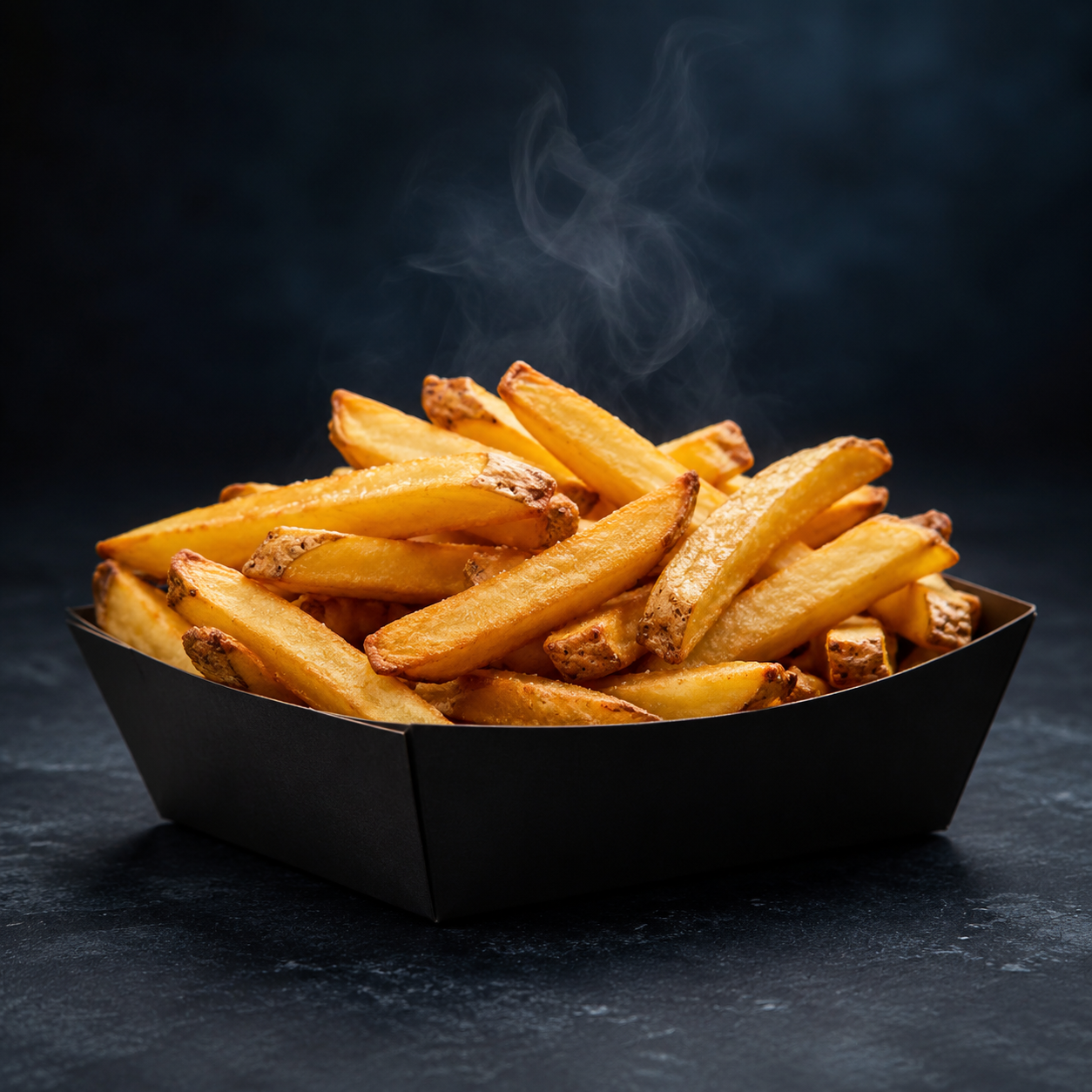 Hot golden fresh-cut fries in a black tray