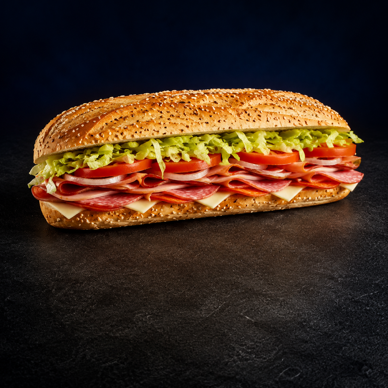 Italian-style hoagie with deli meats, cheese, lettuce, tomato, and onion